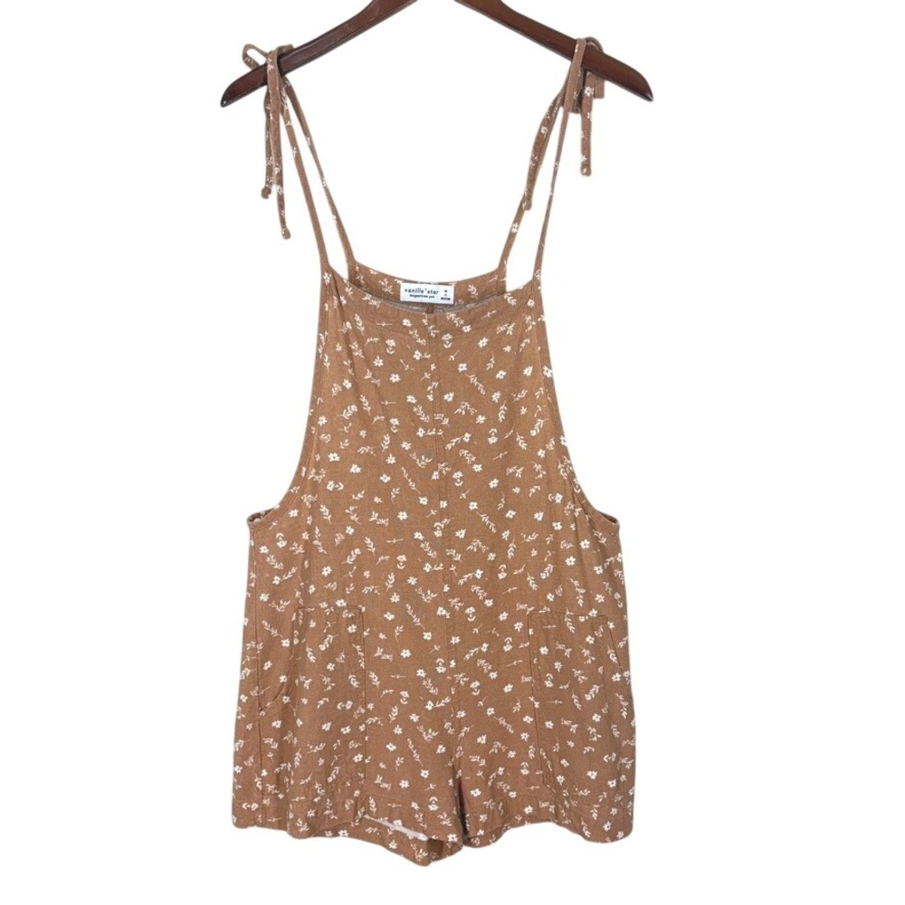Vanilla Star Womens Bib Romper M Brown Ditsy Floral Tie Strap Boho Linen Blend
